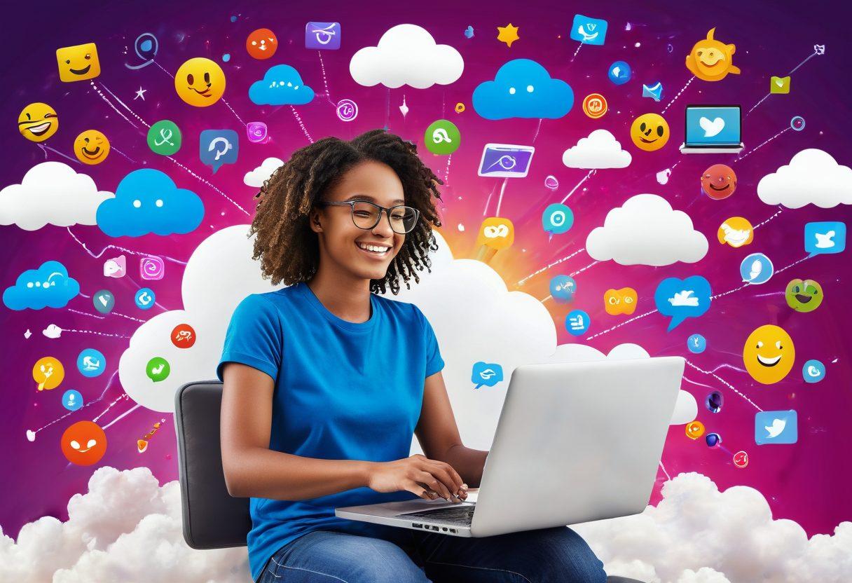 A whimsical depiction of a person joyfully interacting with a laptop amidst a vibrant array of colorful digital icons symbolizing speed and connectivity. Surround the scene with elements like flying clouds and cheerful emojis to convey a sense of delight and positivity in online interactions. Use bright and uplifting colors to evoke happiness and energy. super-realistic. vibrant colors. white background.