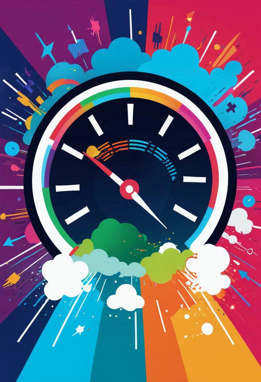 A whimsical split scene depicting a frustrated gamer on one side, surrounded by buffering symbols and lag indicators, while on the other side, the same gamer joyfully gaming with a rainbow of high-speed internet signals radiating around them. Include playful icons representing different internet speeds and a speedometer. Bright, cheerful colors contrast the dullness of lag. cartoonish style. vibrant colors. playful atmosphere.